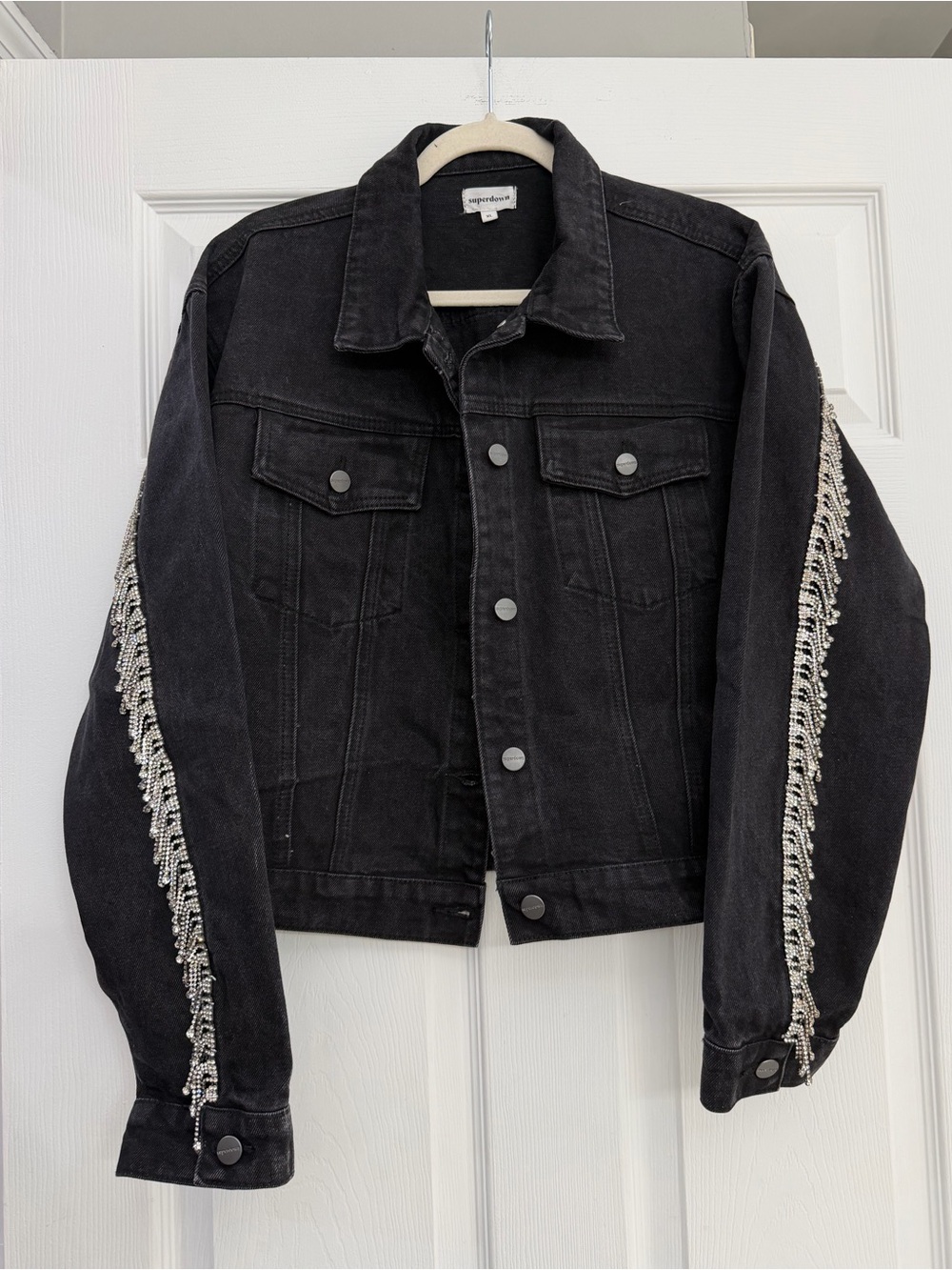 Superdown Black Rhinestone Fringe Denim Jacket – XL